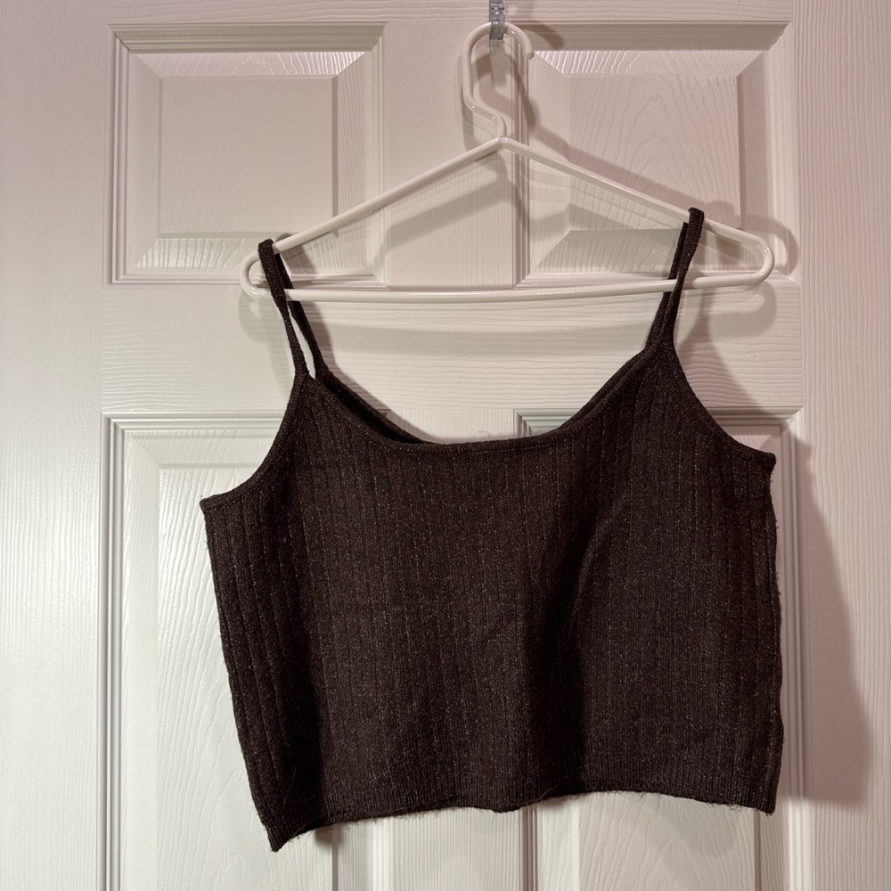 Brown Ribbed Knit Crop Top